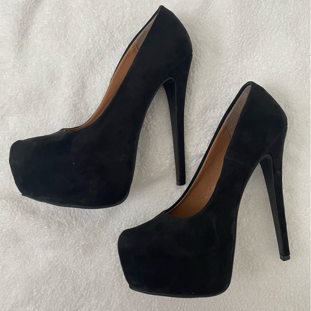 Black suede platform heels